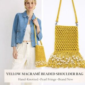 Yellow Macrame Beaded Hand Bag . Hand Knotted Pearl Fringe Purse . New